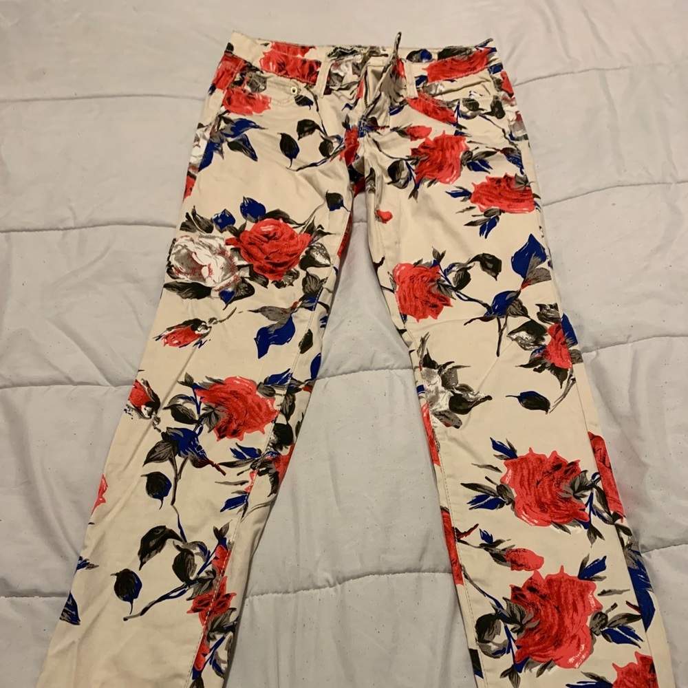Rose Printed Cream Colored Jeans